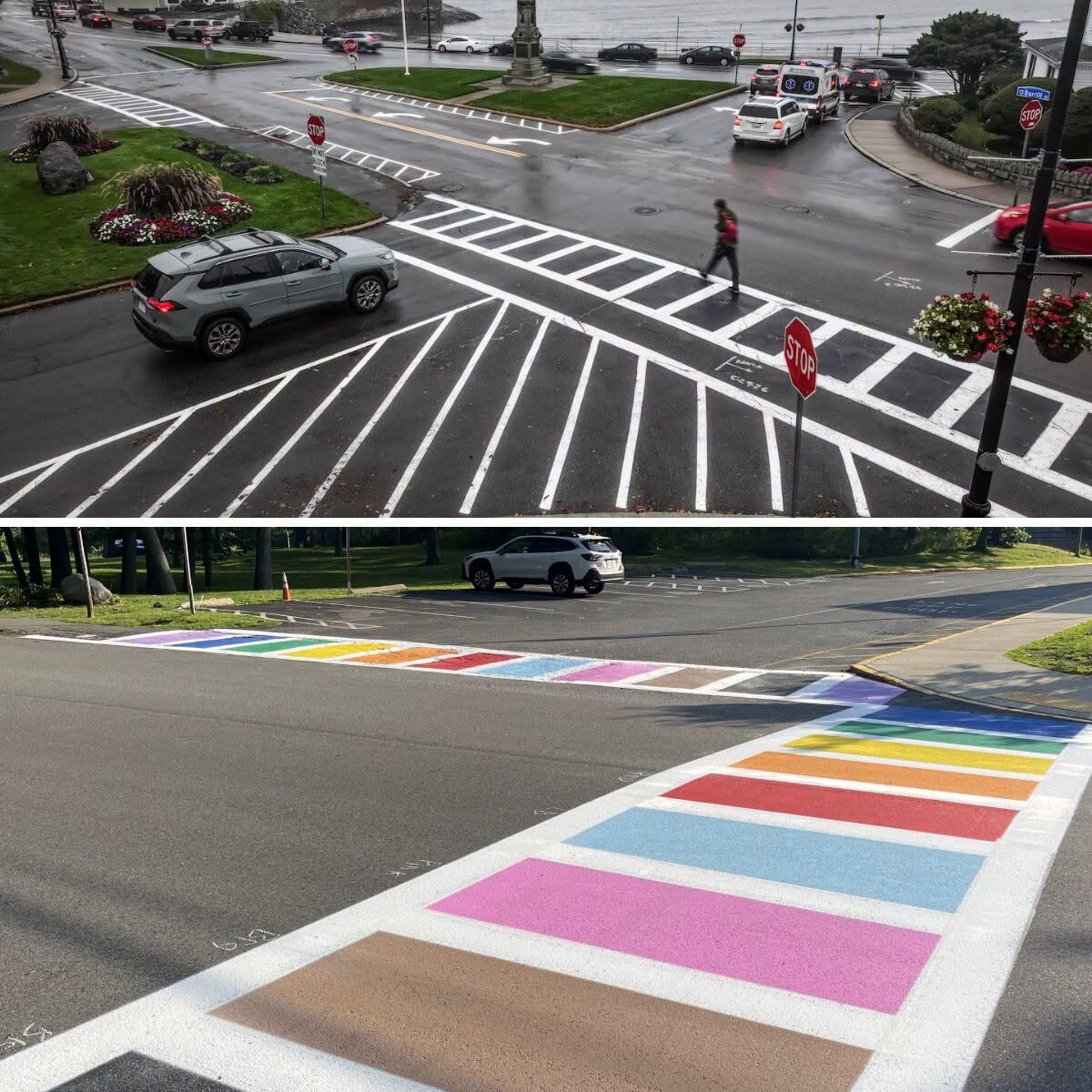 US: Massachusetts Town Repaints Pride Crosswalks Overnight Sparking Outcry Black-and-white crosswalk compared with rainbow Pride crosswalk